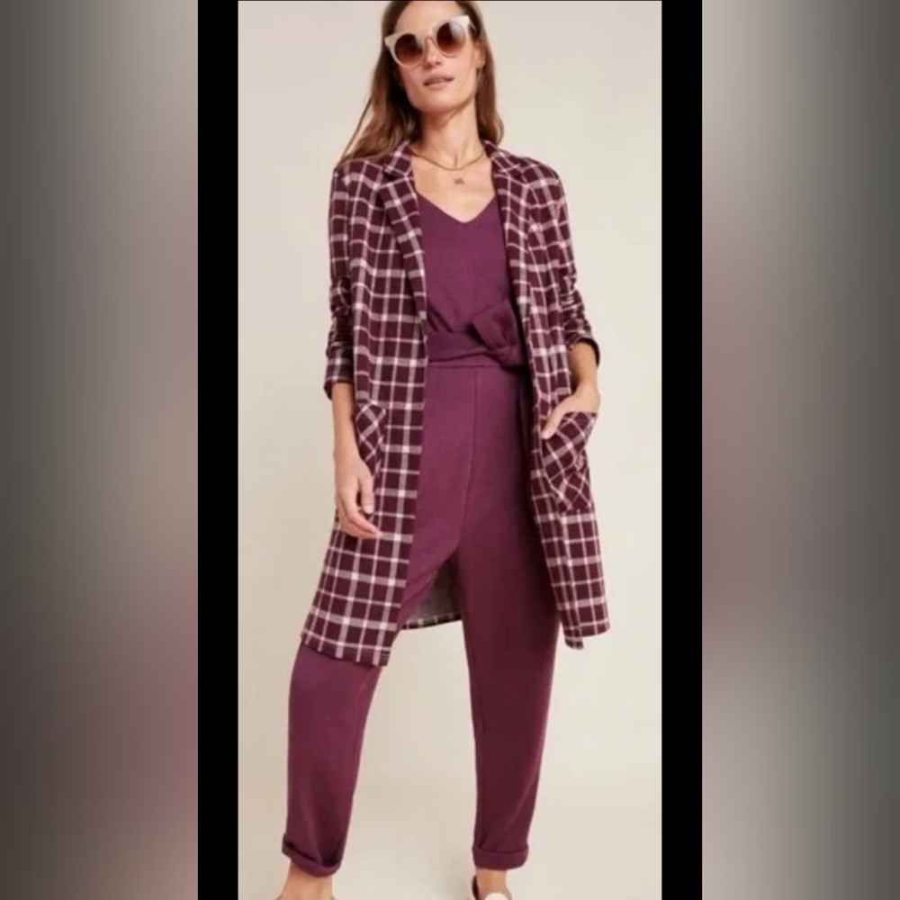 Anthropologie Harlyn Melrose Plaid Duster Jacket In WINE Oversized Small NWT